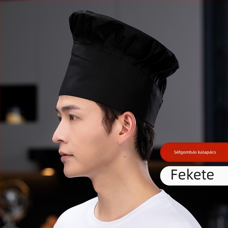 Szakács sapka: pamut twill, kockás minta, lapos tetejű, karima nélkül, nyomtatott logó