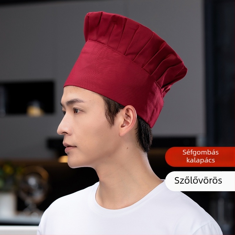 Szakács sapka: pamut twill, kockás minta, lapos tetejű, karima nélkül, nyomtatott logó