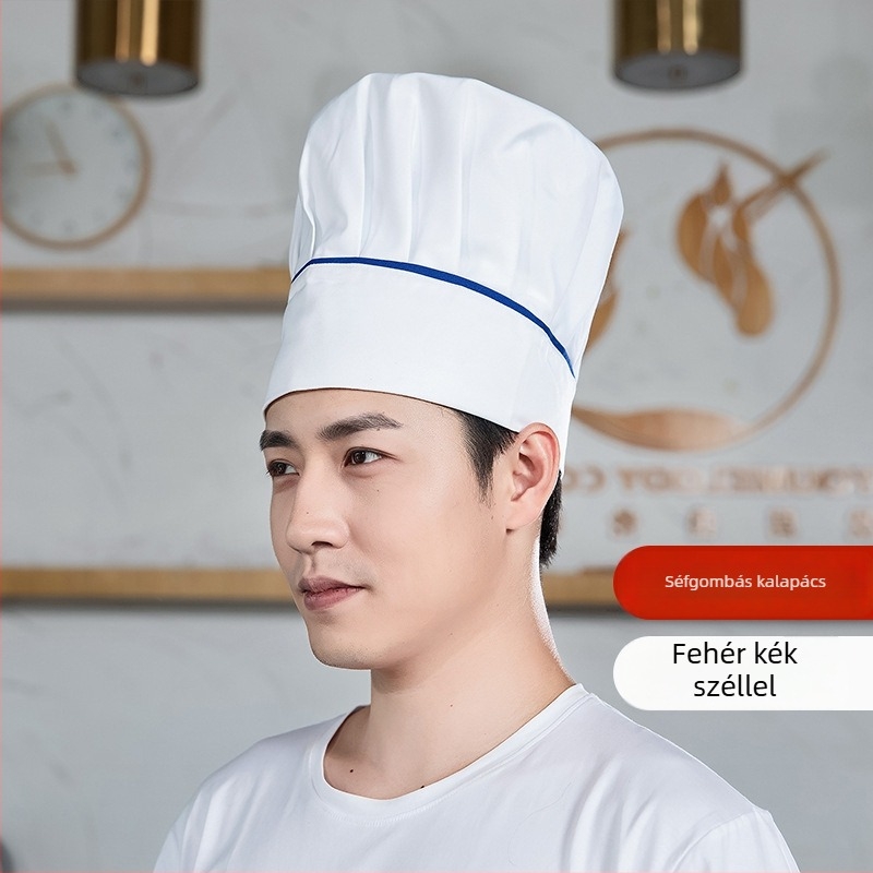 Szakács sapka: pamut twill, kockás minta, lapos tetejű, karima nélkül, nyomtatott logó