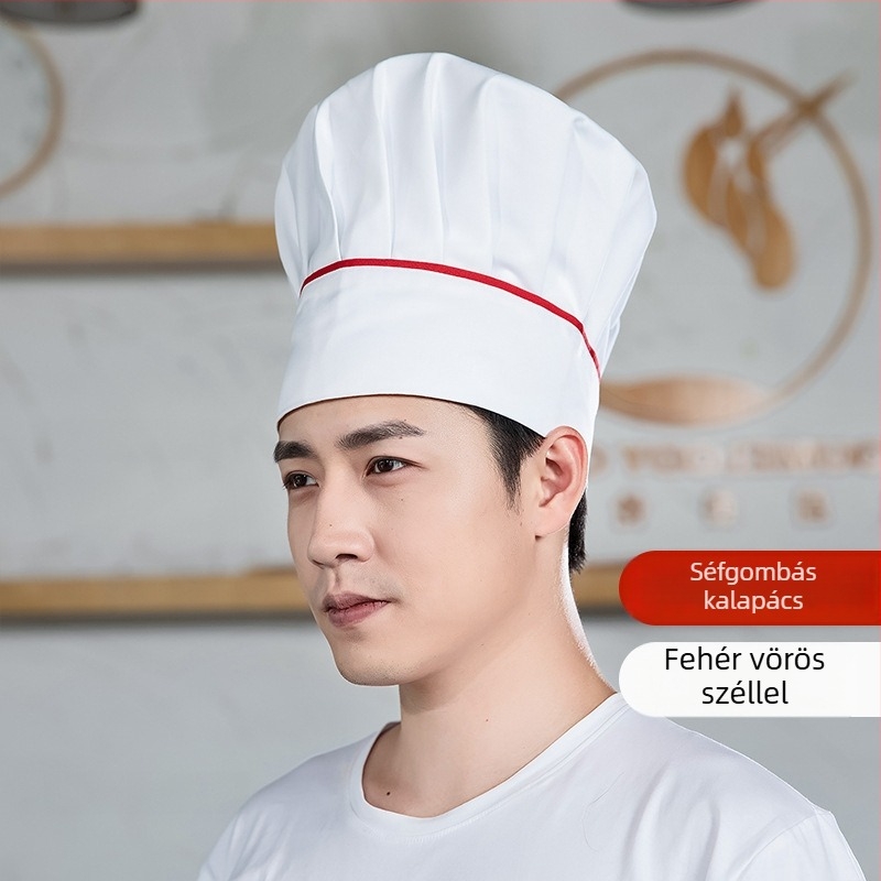 Szakács sapka: pamut twill, kockás minta, lapos tetejű, karima nélkül, nyomtatott logó