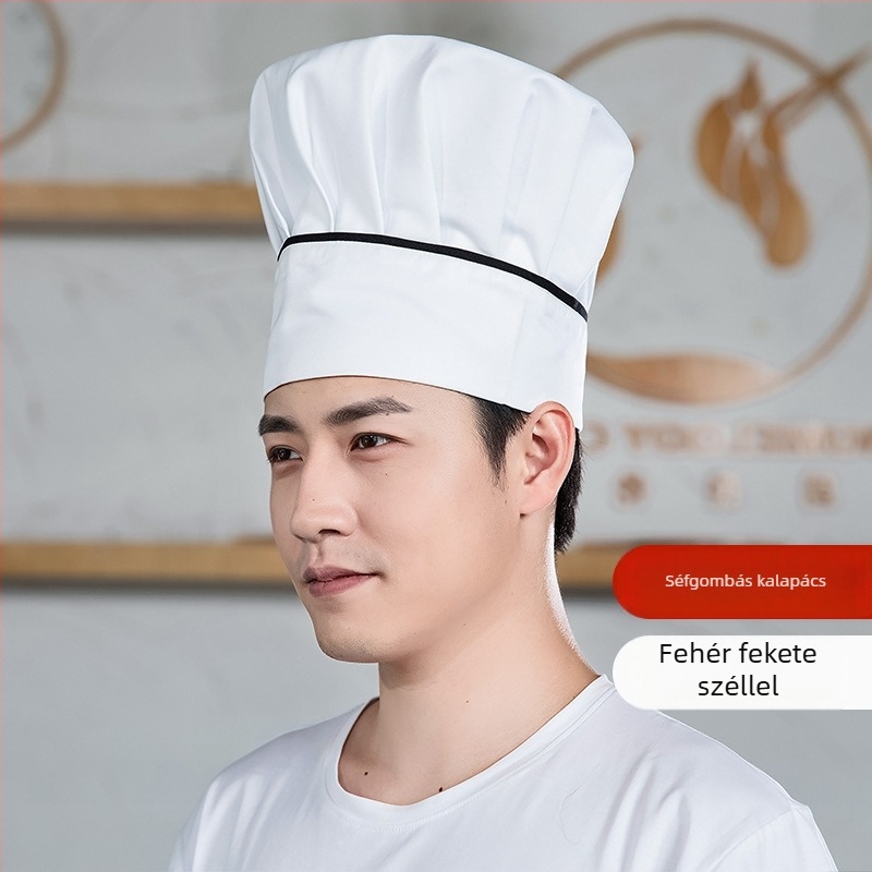 Szakács sapka: pamut twill, kockás minta, lapos tetejű, karima nélkül, nyomtatott logó