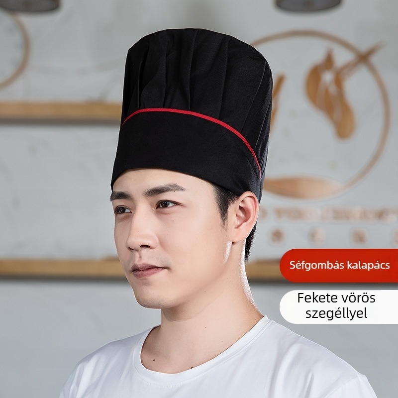 Szakács sapka: pamut twill, kockás minta, lapos tetejű, karima nélkül, nyomtatott logó