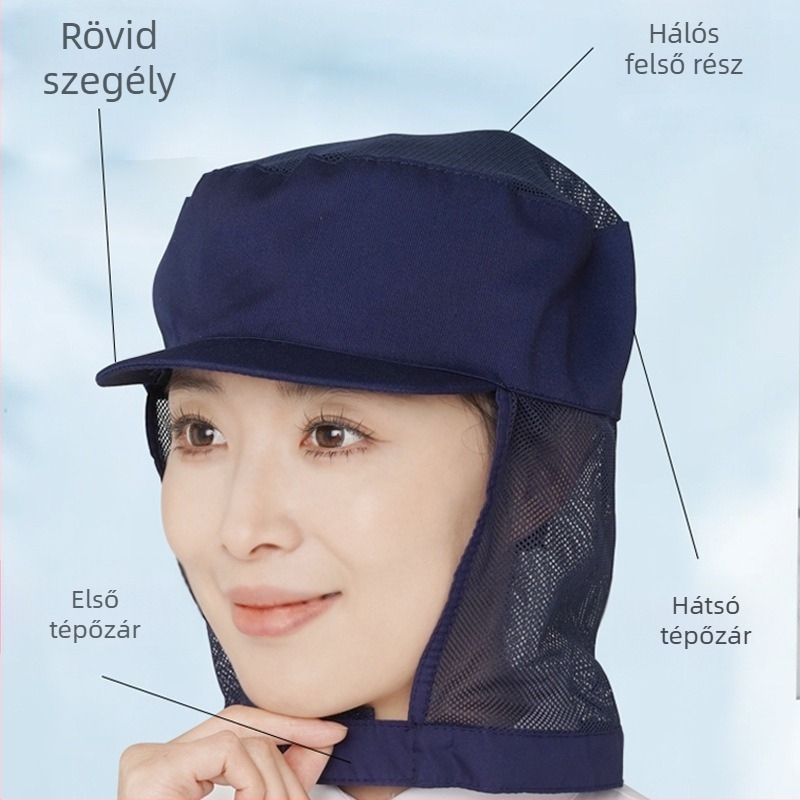 Női légáteresztő pamut higiénikus sapka élelmiszer-műhelyhez, hímzett logóval, koreai stílus, sík tetejű, rövid előoldali