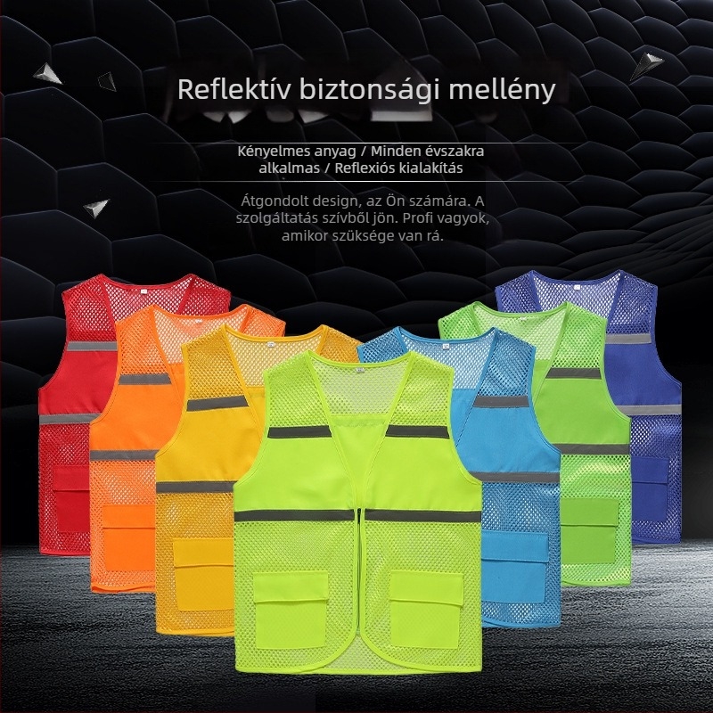 Önkéntesek számára fényvisszaverő biztonsági mellény, slim szabás, 100% poliészter, csíkos mintázat, levehető kapucni