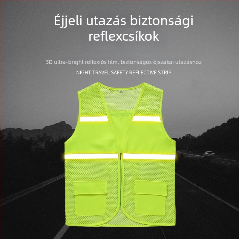 Önkéntesek számára fényvisszaverő biztonsági mellény, slim szabás, 100% poliészter, csíkos mintázat, levehető kapucni