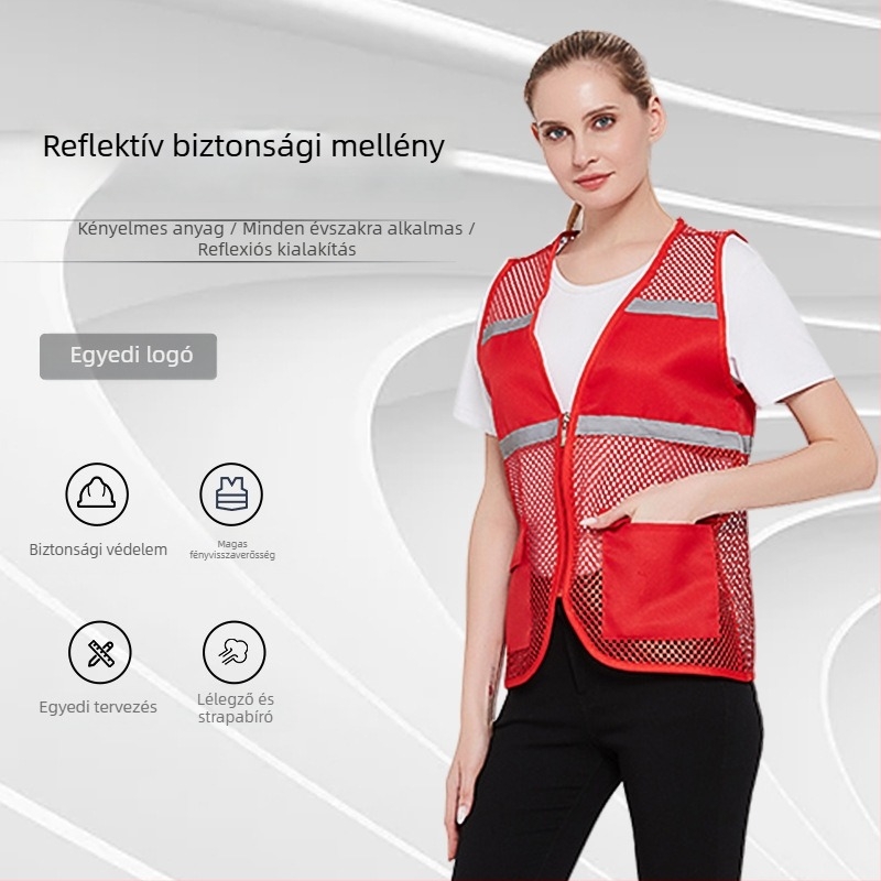 Önkéntesek számára fényvisszaverő biztonsági mellény, slim szabás, 100% poliészter, csíkos mintázat, levehető kapucni
