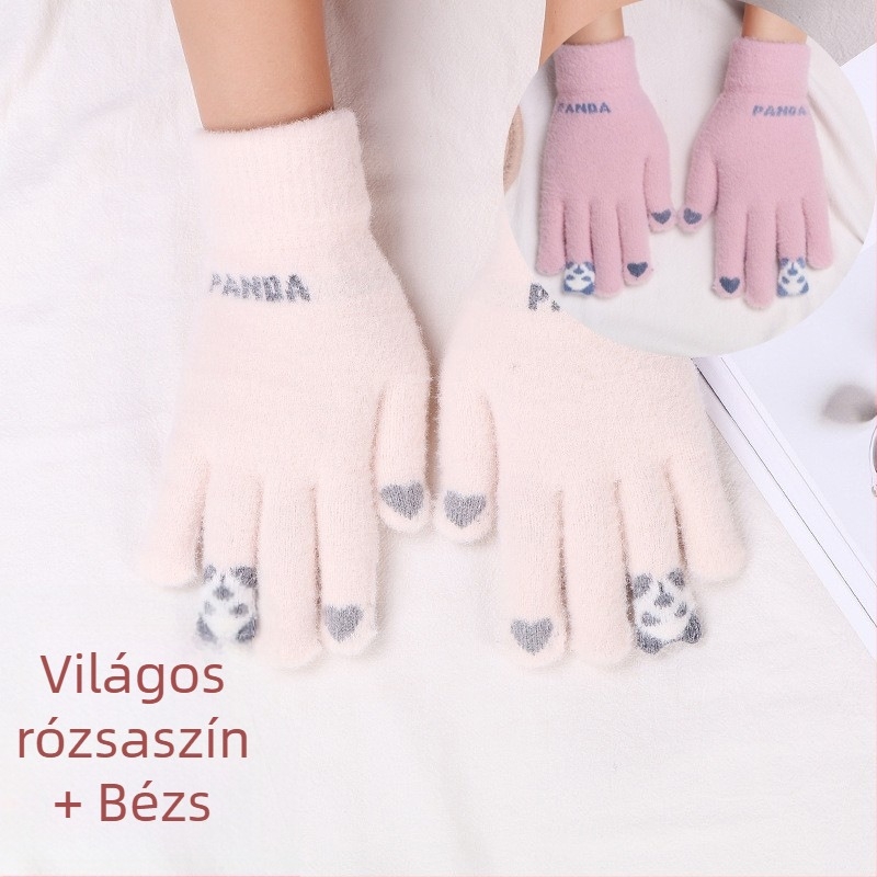 Uniszex téli kesztyű fleece béléssel, szélvédett, érintőképernyő-kompatibilitás, piros panda mintával, meleg kerékpározáshoz