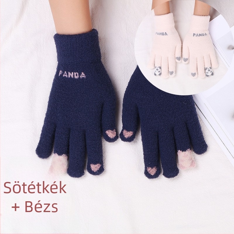 Uniszex téli kesztyű fleece béléssel, szélvédett, érintőképernyő-kompatibilitás, piros panda mintával, meleg kerékpározáshoz