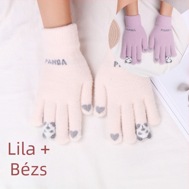 Uniszex téli kesztyű fleece béléssel, szélvédett, érintőképernyő-kompatibilitás, piros panda mintával, meleg kerékpározáshoz