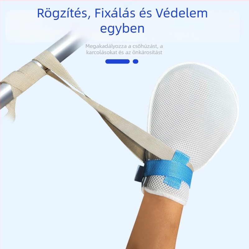 Időseknek készült korlátozó kesztyűk – karcolódás elleni védelem és csövek fixálása, ápolási öv