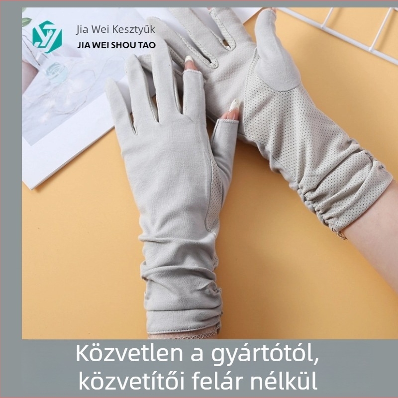 Női nyári kerékpáros kesztyű, napvédő, hosszított mandzsettával, félujjas, csúszásmentes, pamut