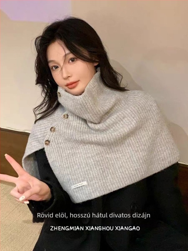 Koreai stílusú magas nyakú gyapjú sál és kötött nyakmelegítő készlet nőknek, őszi-téli, gombos, meleg és sokoldalú