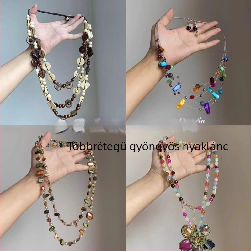 Boho szabálytalan medálos nyaklánc, többszintes vintage etnikus stílus, ötvözet lánc, állítható hosszúság 21–50 cm