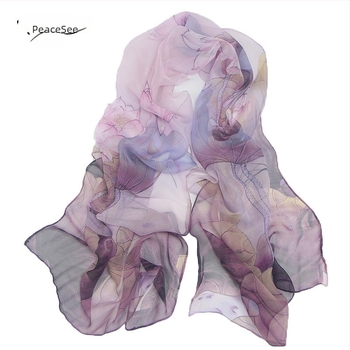 Georgette selyemsál, weft-knit, motív Lotus Pond Moonlight, nyár, közepes hosszúság