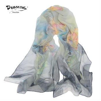 Georgette selyemsál, weft-knit, motív Lotus Pond Moonlight, nyár, közepes hosszúság