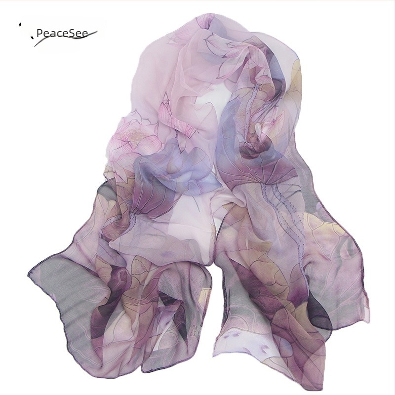 Georgette selyemsál, weft-knit, motív Lotus Pond Moonlight, nyár, közepes hosszúság