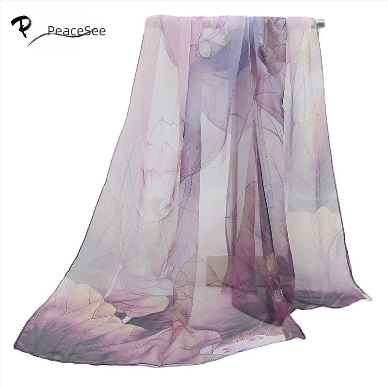 Georgette selyemsál, weft-knit, motív Lotus Pond Moonlight, nyár, közepes hosszúság