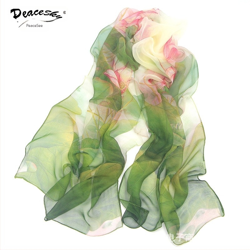 Georgette selyemsál, weft-knit, motív Lotus Pond Moonlight, nyár, közepes hosszúság