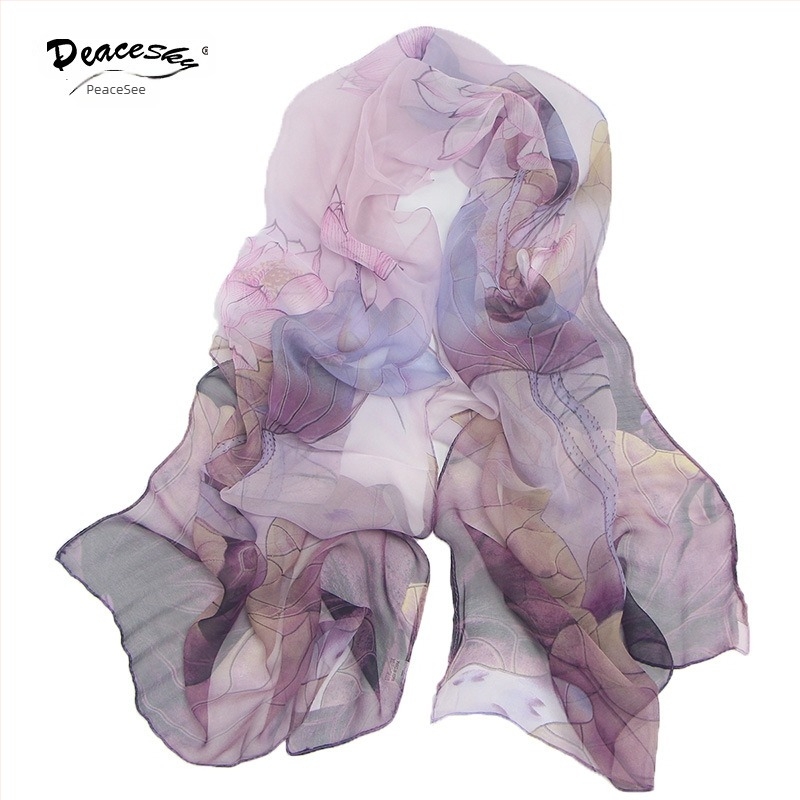 Georgette selyemsál, weft-knit, motív Lotus Pond Moonlight, nyár, közepes hosszúság