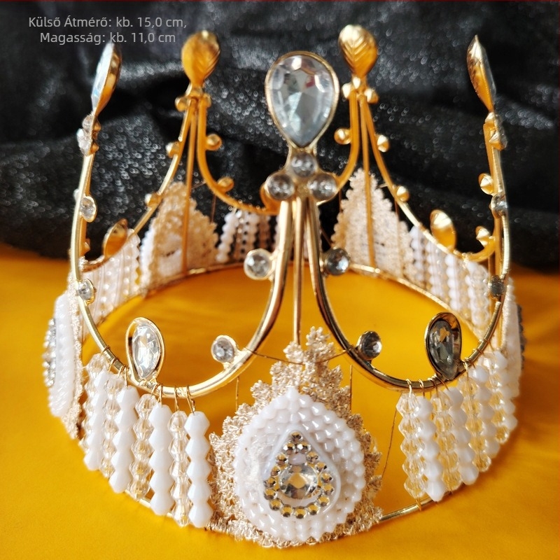 Ötvözetből készült csipkés korona fejfedő, Vintage stílus, Korona G02-1, elektroplattálás, Kristály