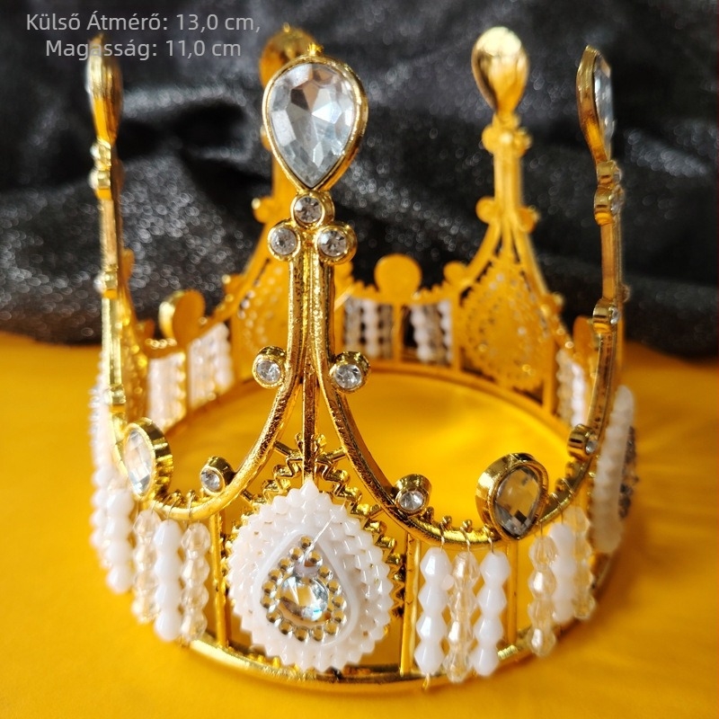 Ötvözetből készült csipkés korona fejfedő, Vintage stílus, Korona G02-1, elektroplattálás, Kristály