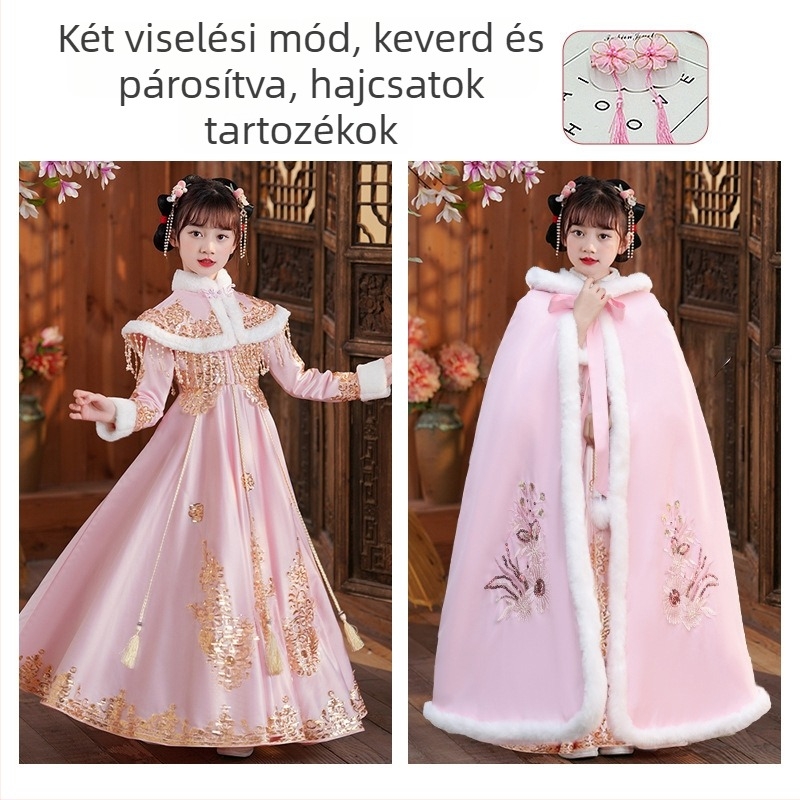 Lányoknak szóló Tang-stílusú ruha vastag köpenyével, 2025 téli kollekció, lágyított poliészterből, 8 éves kortól