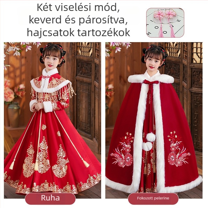 Lányoknak szóló Tang-stílusú ruha vastag köpenyével, 2025 téli kollekció, lágyított poliészterből, 8 éves kortól