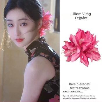 Liliom virág hajcsat, kézzel készült, koreai stílusú, szövetes anyagú, fogó típusú