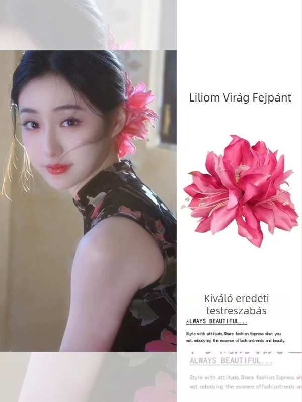Liliom virág hajcsat, kézzel készült, koreai stílusú, szövetes anyagú, fogó típusú