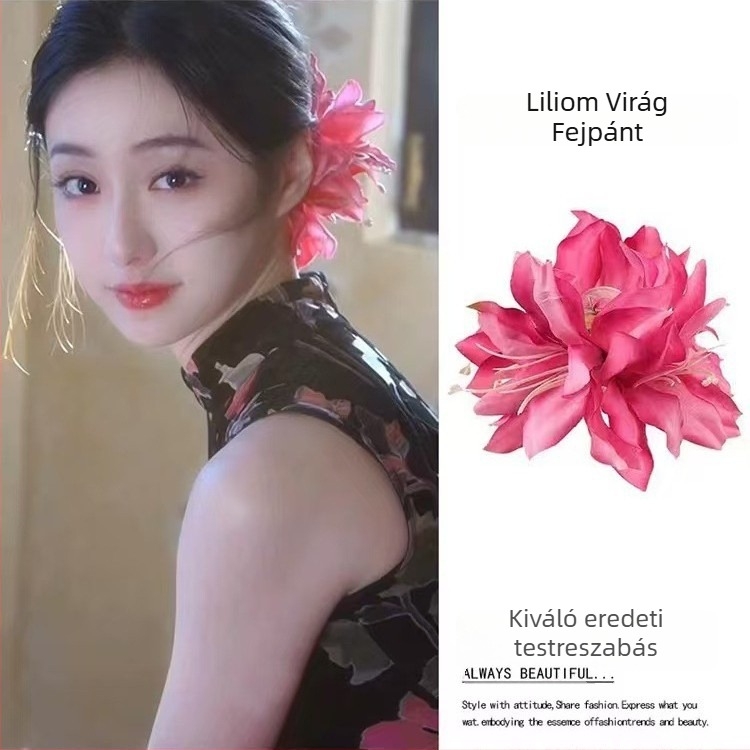 Liliom virág hajcsat, kézzel készült, koreai stílusú, szövetes anyagú, fogó típusú