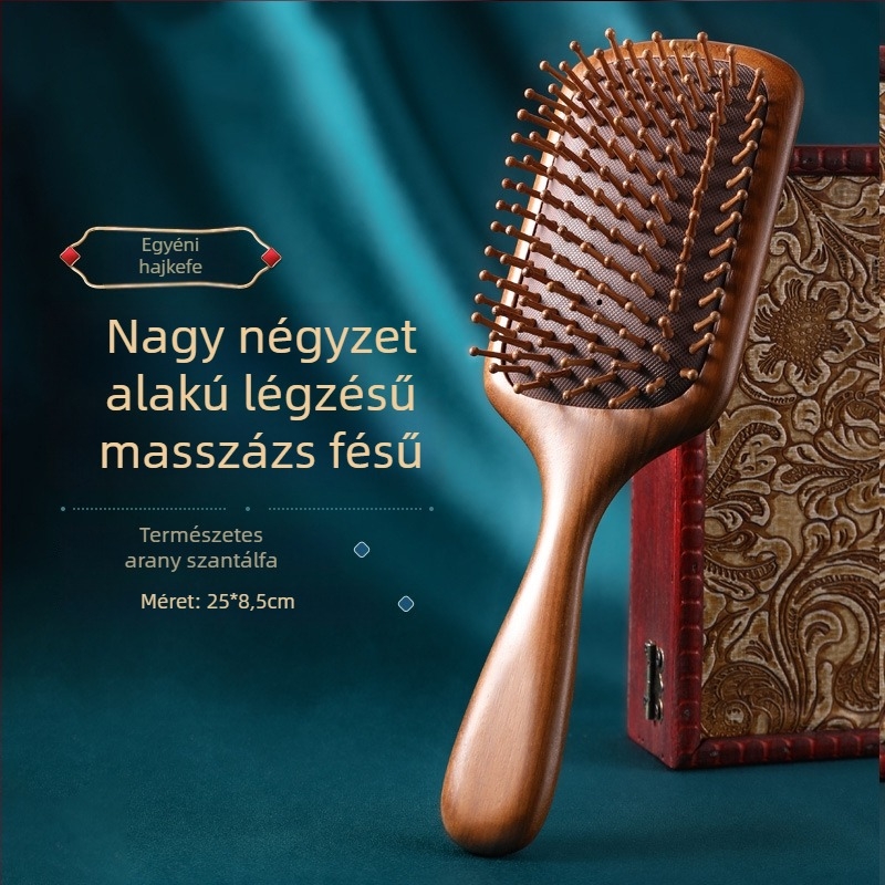 Szantálfa hajkefe levegőpárnás masszázzsal a meridiánokhoz, gravírozott logóval, ajándékdobozban