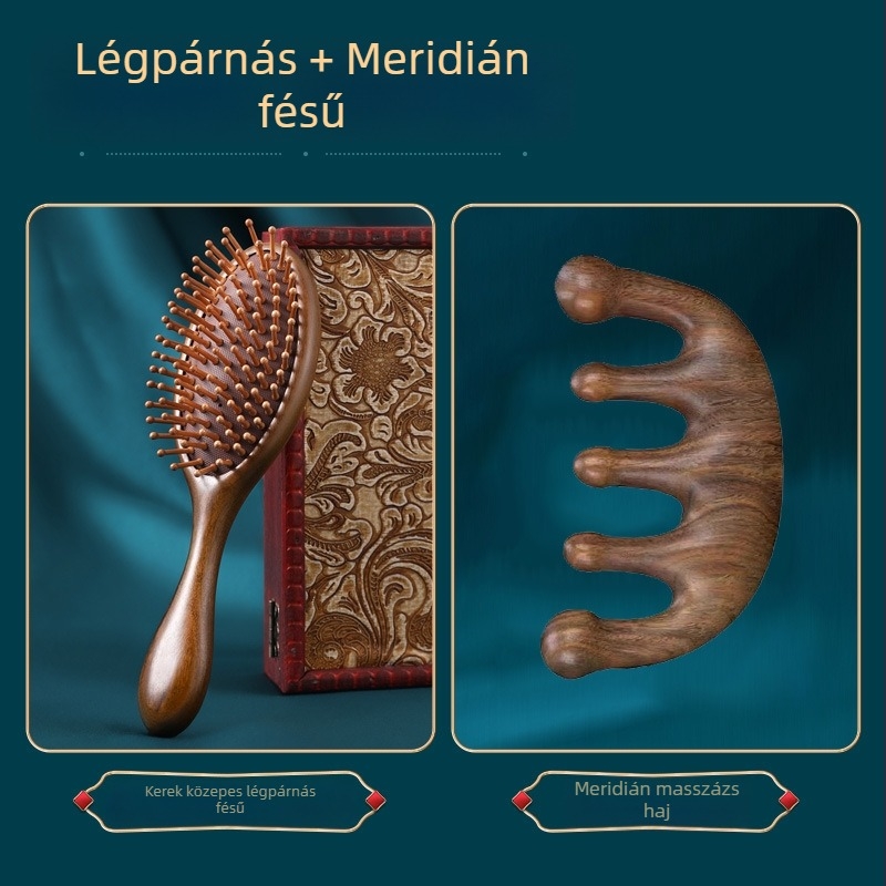 Szantálfa hajkefe levegőpárnás masszázzsal a meridiánokhoz, gravírozott logóval, ajándékdobozban