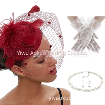 Menyasszony retro fejfedő készlet tollas géz hálóval, fülbevalóval és kesztyűvel – kézzel készített, nőknek, 5463 készlet