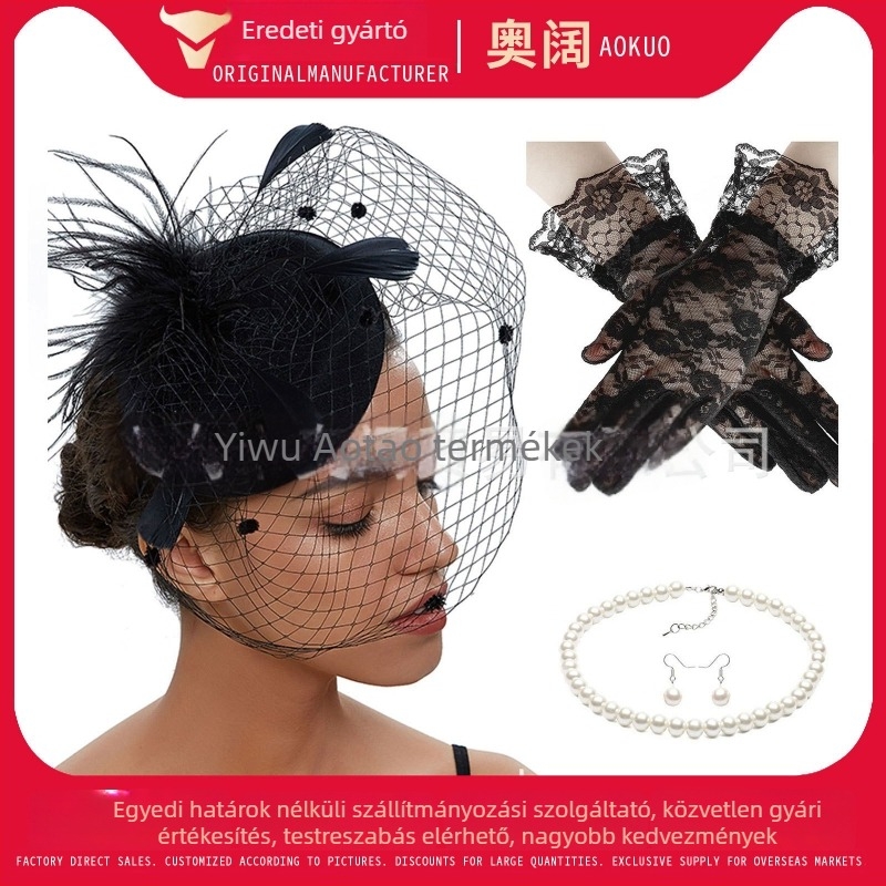 Menyasszony retro fejfedő készlet tollas géz hálóval, fülbevalóval és kesztyűvel – kézzel készített, nőknek, 5463 készlet