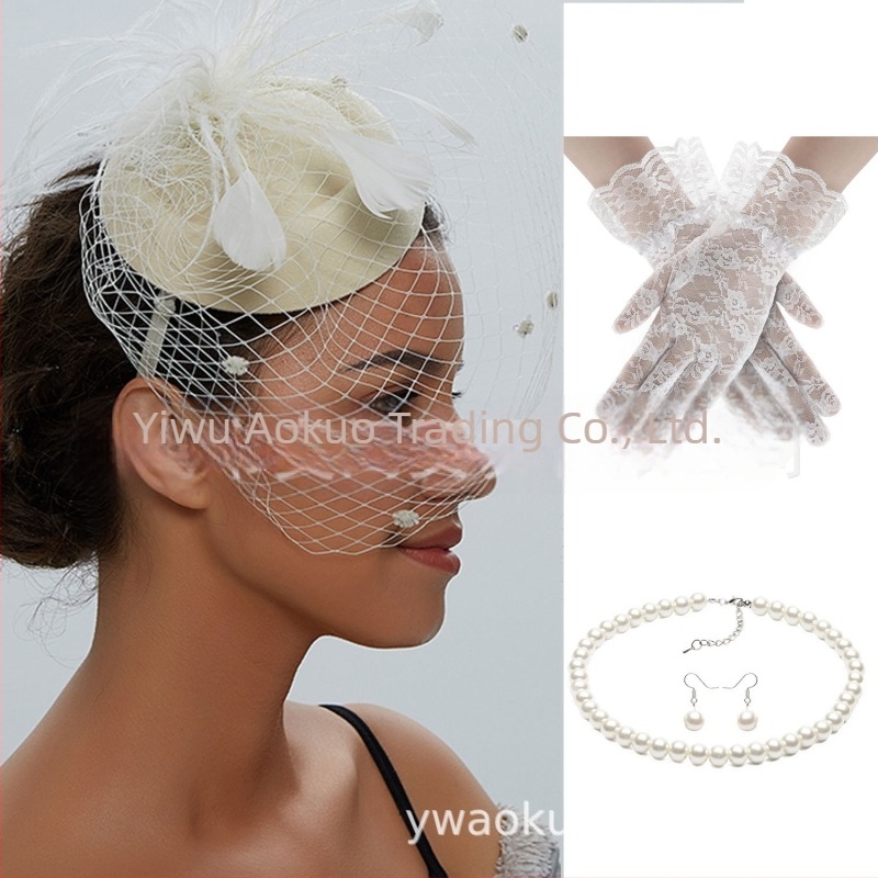 Menyasszony retro fejfedő készlet tollas géz hálóval, fülbevalóval és kesztyűvel – kézzel készített, nőknek, 5463 készlet