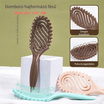 Stílus fésű üreges S-alakú dizájnnal; anyag: búzaszalma + nylon; funkciók: masszírozás, kisimítás, göndörítés