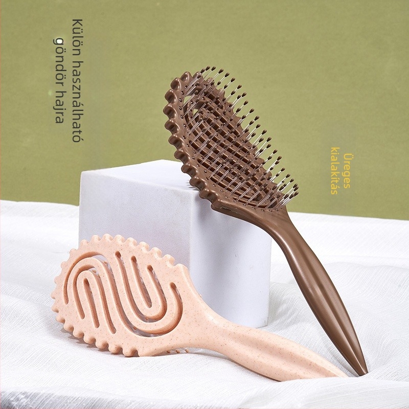 Stílus fésű üreges S-alakú dizájnnal; anyag: búzaszalma + nylon; funkciók: masszírozás, kisimítás, göndörítés