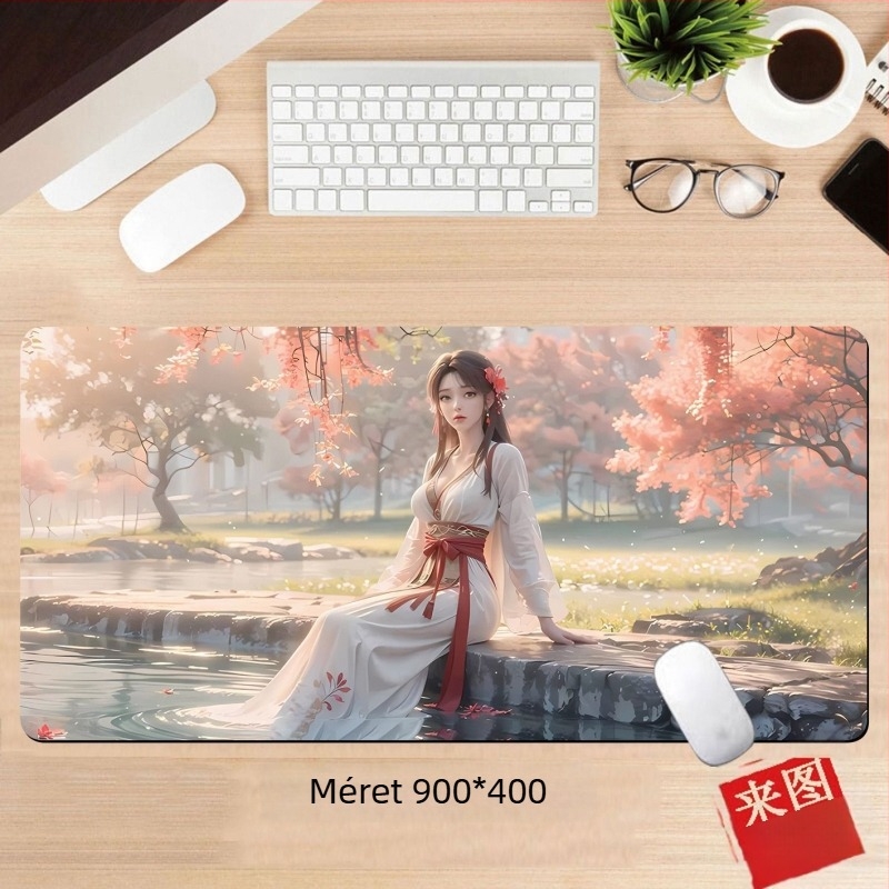 Anime lány egérpad – egyoldalas asztali párna játékosoknak, méretek 60x30 cm, 80x30 cm, 90x40 cm, 100x50 cm, 26x21 cm