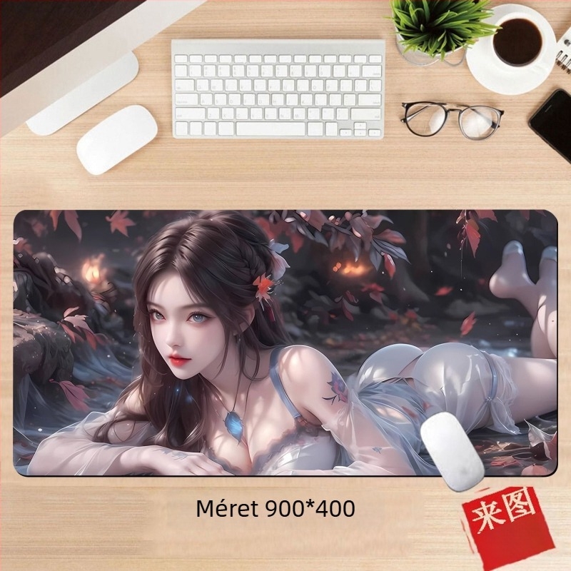 Anime lány egérpad – egyoldalas asztali párna játékosoknak, méretek 60x30 cm, 80x30 cm, 90x40 cm, 100x50 cm, 26x21 cm