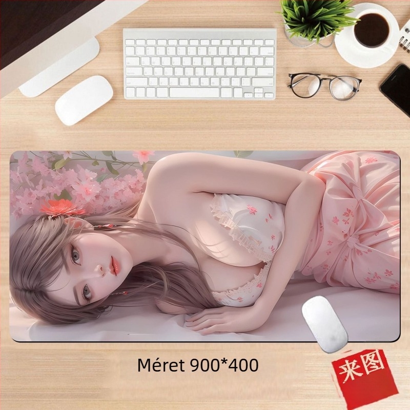 Anime lány egérpad – egyoldalas asztali párna játékosoknak, méretek 60x30 cm, 80x30 cm, 90x40 cm, 100x50 cm, 26x21 cm