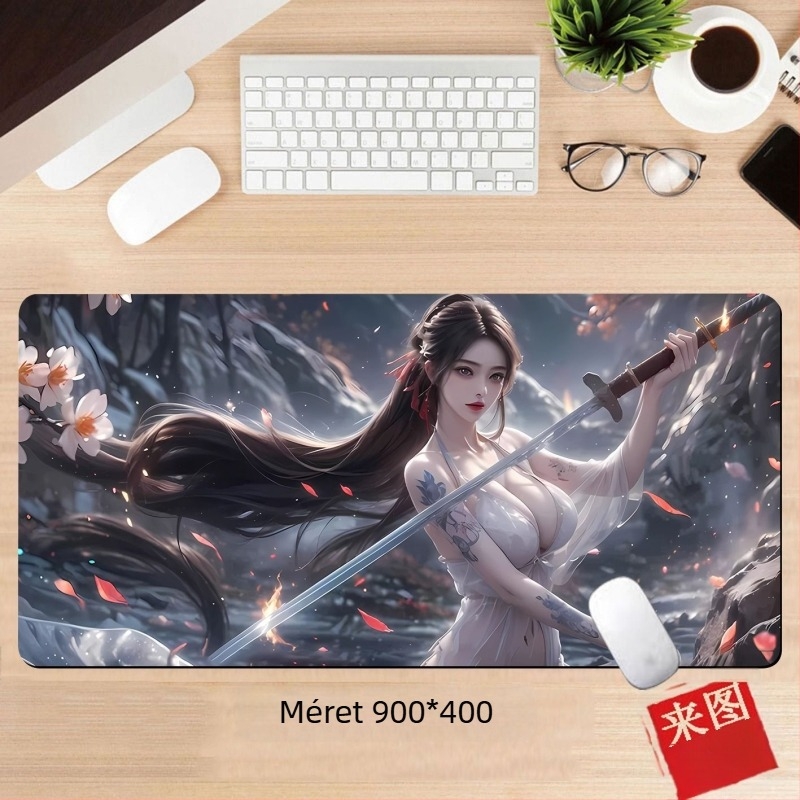 Anime lány egérpad – egyoldalas asztali párna játékosoknak, méretek 60x30 cm, 80x30 cm, 90x40 cm, 100x50 cm, 26x21 cm