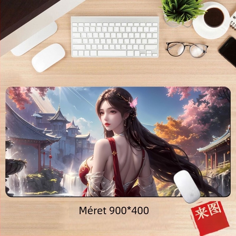 Anime lány egérpad – egyoldalas asztali párna játékosoknak, méretek 60x30 cm, 80x30 cm, 90x40 cm, 100x50 cm, 26x21 cm