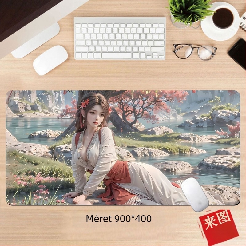 Anime lány egérpad – egyoldalas asztali párna játékosoknak, méretek 60x30 cm, 80x30 cm, 90x40 cm, 100x50 cm, 26x21 cm