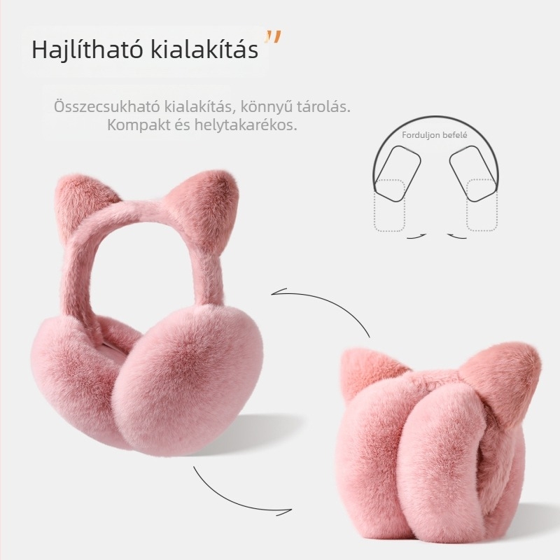 Női plüss fülvédők macskafejű füllel, összecsukható, monoszínű mintázat, télen melegen tart
