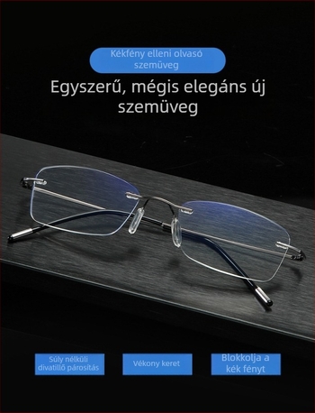 Olvasó szemüveg, keret nélküli, fém konstrukció, PC lencsék, anti-kékfény, modell 8025