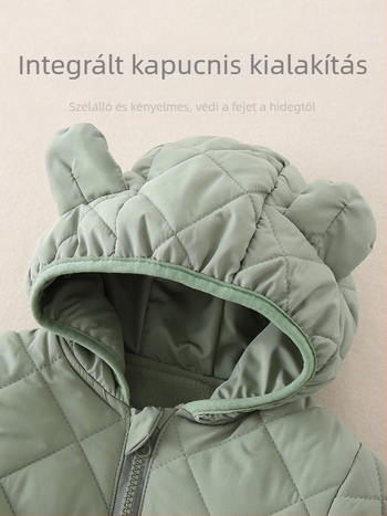 Újszülött kapucnis vastagított overál, 100% poliészter, cipzár, 0–12 hónap