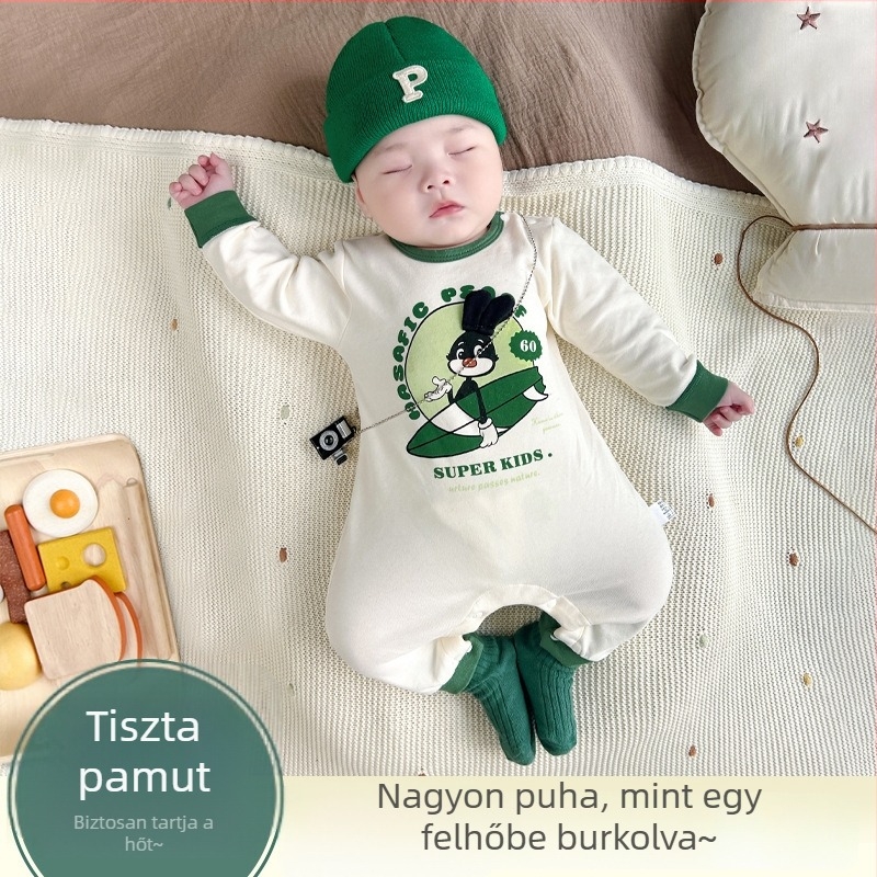Újszülött őszi hosszú ujjú overál, elől kapcsos záródás, vékony anyagú, pamutból