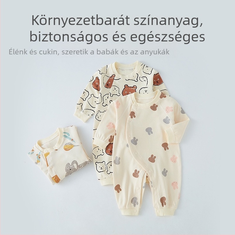 Újszülött babáknak pamut overál — hosszú ujjú, uniszex, ferde záródású, 100% pamut, téli–tavaszi–őszi szezonra