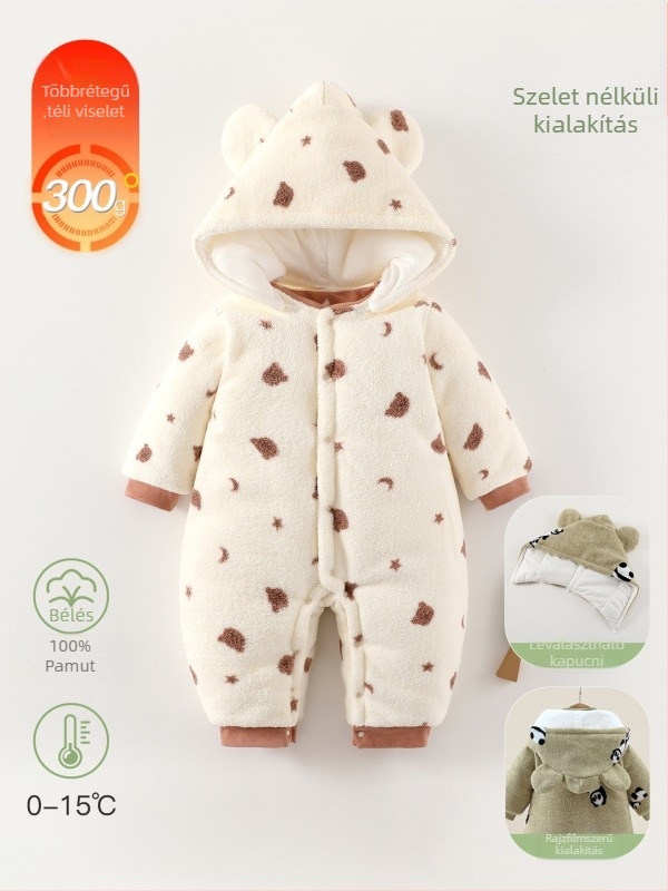 Újszülött babának készült overál vastagított béléssel, 100% pamut, polár fleece anyag, 0–12 hónapos korosztálynak.
