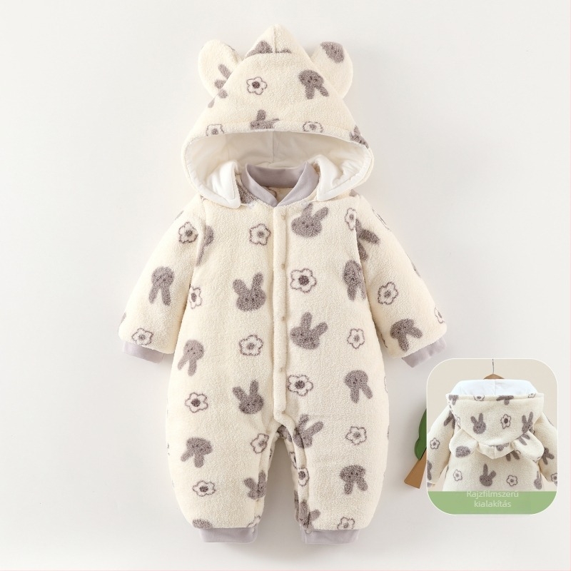 Újszülött babának készült overál vastagított béléssel, 100% pamut, polár fleece anyag, 0–12 hónapos korosztálynak.